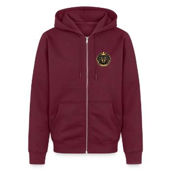 Geometrisches Kronenwolf-Emblem - Unisex Premium Bio Zip Hoodie - Burgunderrot - Vorne - Thijin (182cm) & Selfina (174cm)