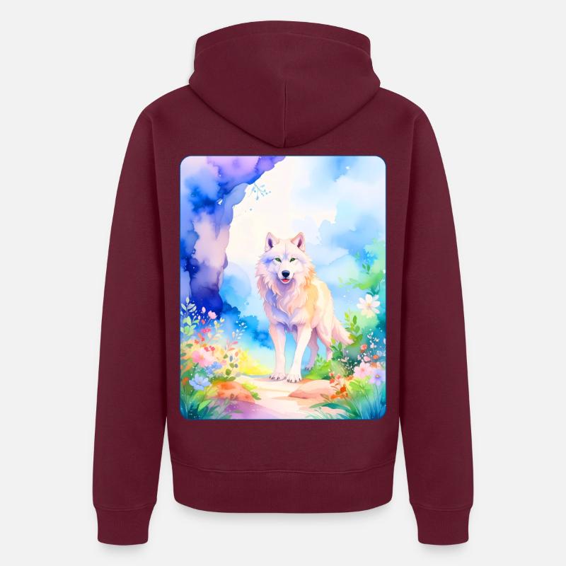 Loup blanc entouré de fleurs - Veste à capuche bio Premium Unisexe - bourgogne
