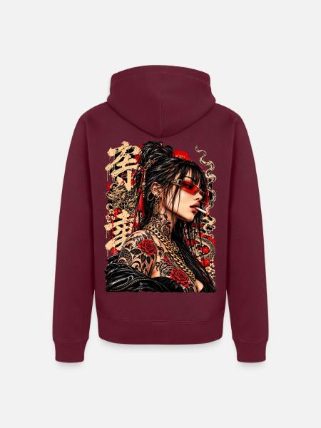Rosen-Tattoo-Femme mit Drache - Unisex Premium Bio Zip Hoodie - Burgunderrot