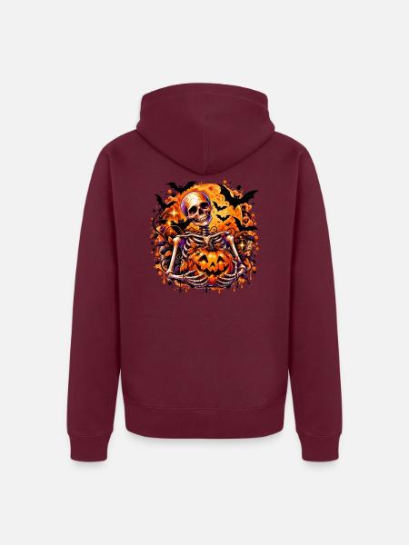 Skelett mit Pumpkin Halloween-Motiv - Unisex Premium Bio Zip Hoodie - Burgunderrot