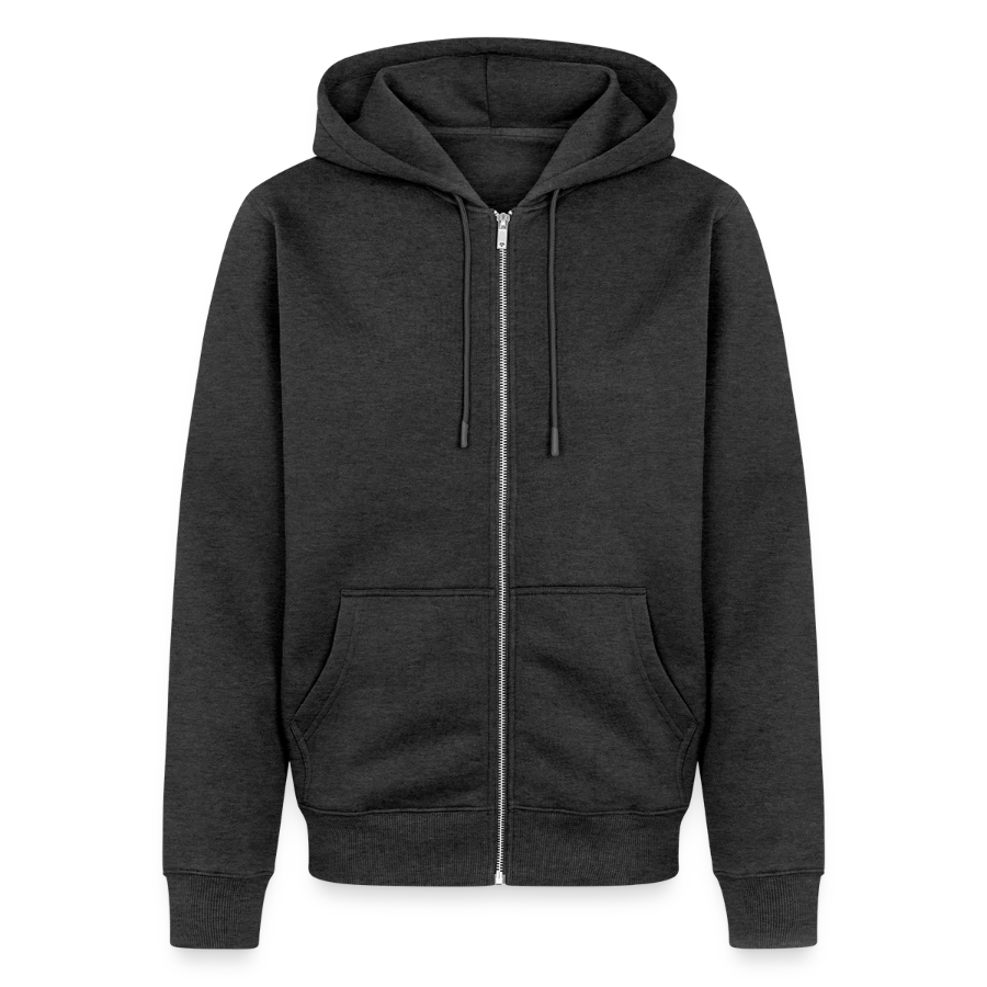 Lucerne badge on a unisex premium organic zip hoodie, heather anthracite