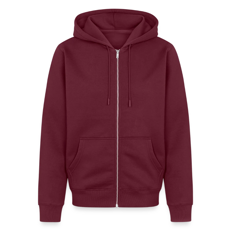 Geneva badge on a unisex premium organic zip hoodie, burgundy