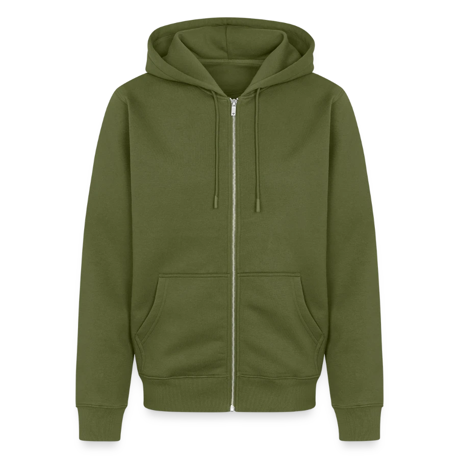 Geneva badge on a unisex premium organic zip hoodie, khaki