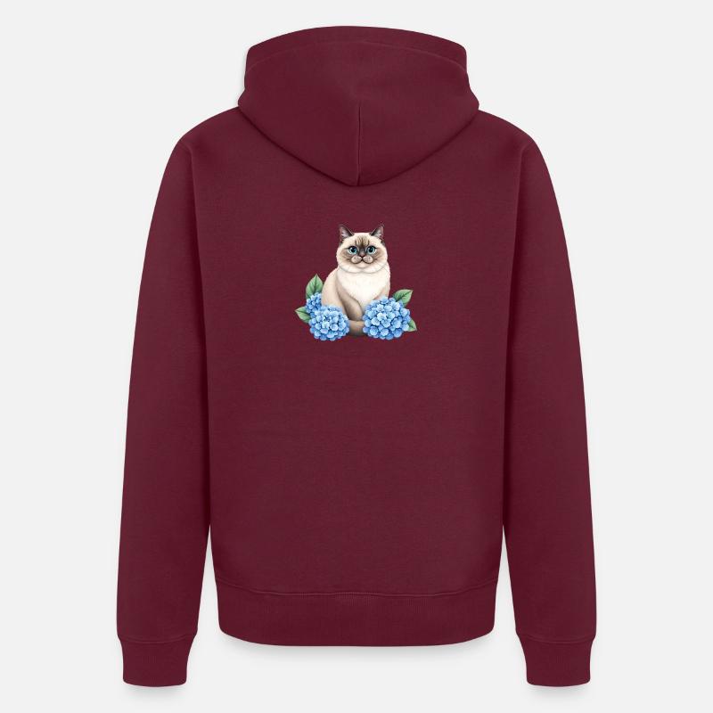 Cute Ragdoll Cat with Blue Hydrangeas - Unisex Premium Bio Zip Hoodie - Burgunderrot