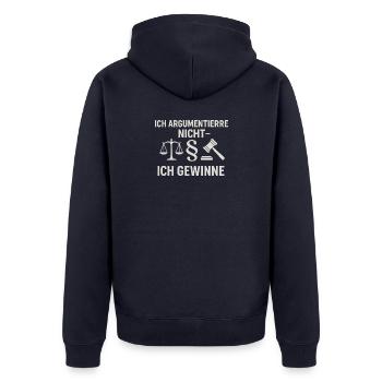Ich gewinne – Juristen-Humor mit Stil - Unisex Premium Bio Zip Hoodie - Navy - Hinten - Nico (187cm)