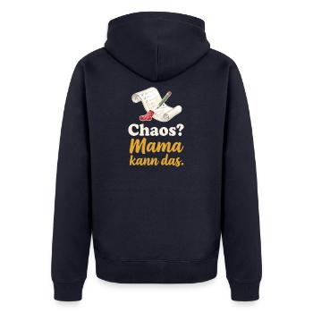 Chaos? Mama kann das. – Liste, Stift und Socke - Unisex Premium Bio Zip Hoodie - Navy - Hinten - Nico (187cm)