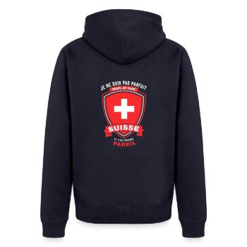 SUISSE et presque parfait - Veste à capuche bio Premium Unisexe - bleu marine - Dos - Nico (187cm)