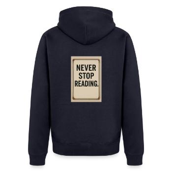 Hören Sie nie auf zu lesen - Unisex Premium Bio Zip Hoodie - Navy - Hinten - Nico (187cm)
