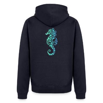 Seepferdchen – Maritimes Vintage Meeresmotiv - Unisex Premium Bio Zip Hoodie - Navy - Hinten - Nico (187cm)