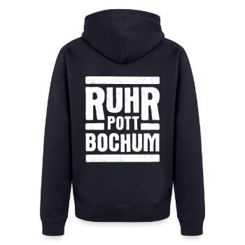 Ruhrpott Bochum Motiv Weiß - Unisex Premium Bio Zip Hoodie - Navy - Hinten - Nico (187cm)
