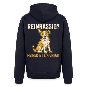 Reinrassig? Meiner ist ein Unikat - Mischling - Unisex Premium Bio Zip Hoodie - Navy - Hinten - Nico (187cm)