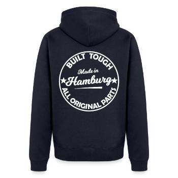 Hamburg Original Parts Stamp - Unisex Premium Bio Zip Hoodie - Navy - Hinten - Nico (187cm)
