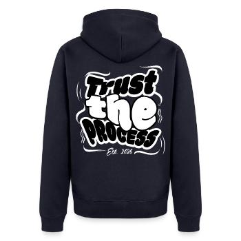 Trust The Process Vintage 90s Streetwear T-Shirt - Unisex Premium Bio Zip Hoodie - Navy - Hinten - Nico (187cm)