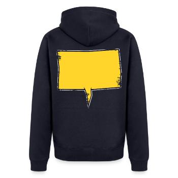 Eckige Sprechblase in Gelb used look - Unisex Premium Bio Zip Hoodie - Navy - Hinten - Nico (187cm)