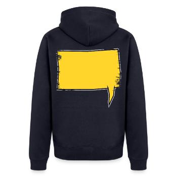 Eckige Sprechblase rechts in Gelb used look - Unisex Premium Bio Zip Hoodie - Navy - Hinten - Nico (187cm)