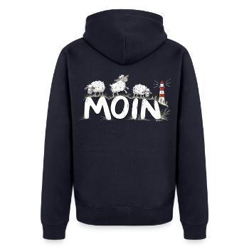Moin Schafe Leuchtturm Nordsee Küstenhumor - Unisex Premium Bio Zip Hoodie - Navy - Hinten - Nico (187cm)