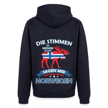 Die Stimmen in meinem Kopf - Norwegen - Unisex Premium Bio Zip Hoodie - Navy - Hinten - Nico (187cm)