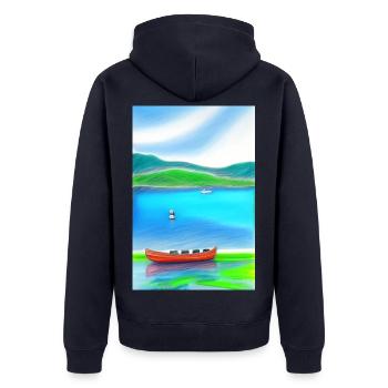Landscape with lake, boat and mountains - Unisex Premium Organic Zip Hoodie - navy - Back - Nico (187cm)