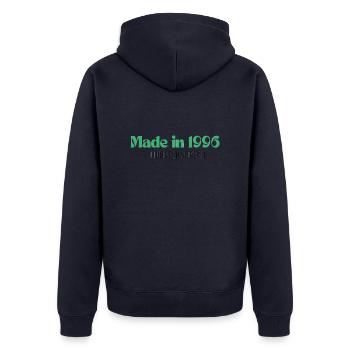 Made in 1996 - Perfektion seit Tag 1 - Unisex Premium Bio Zip Hoodie - Navy - Hinten - Nico (187cm)