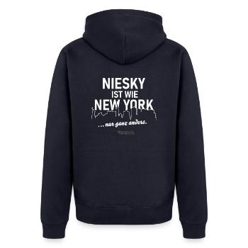 Niesky ist wie New York - Unisex Premium Bio Zip Hoodie - Navy - Hinten - Nico (187cm)