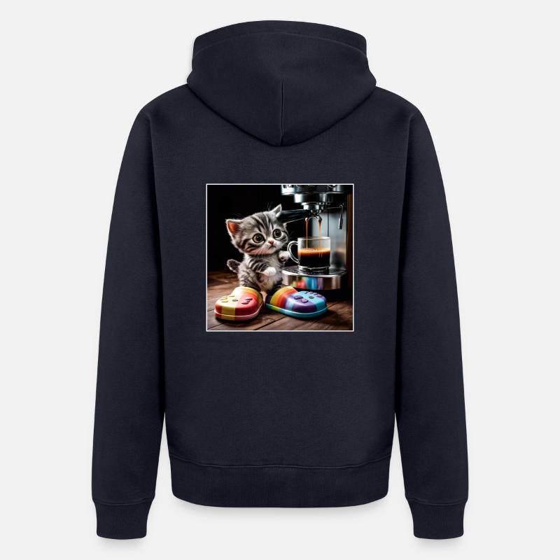 Le chat prend une pause-café - Veste à capuche bio Premium Unisexe - bleu marine