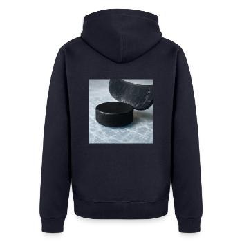 Eishockey - Schläger und Puck - Unisex Premium Bio Zip Hoodie - Navy - Hinten - Nico (187cm)