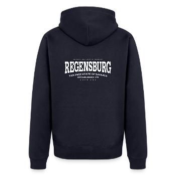 Regensburg (white oldstyle Edt. '13) - Unisex Premium Organic Zip Hoodie - navy - Back - Nico (187cm)