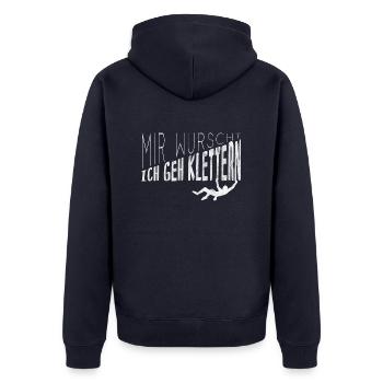 Mir Wurscht, ich geh klettern Bouldern Geschenk - Unisex Premium Bio Zip Hoodie - Navy - Hinten - Nico (187cm)