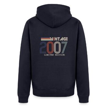 Jahrgang 2007 Jubiläumsgeschenk - Jahrgang 2007 - Unisex Premium Bio Zip Hoodie - Navy - Hinten - Nico (187cm)