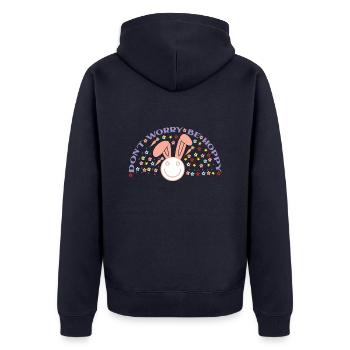 Einschließlich Worry Be Hoppy - Unisex Premium Bio Zip Hoodie - Navy - Hinten - Nico (187cm)