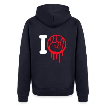 J’aime Heavy Metal Hard Rock Musique Main Geste Coeur - Veste à capuche bio Premium Unisexe - bleu marine - Dos - Nico (187cm)