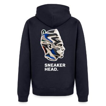 Sneakerhead – Sneaker-Liebhaber und Sammler - Unisex Premium Bio Zip Hoodie - Navy - Hinten - Nico (187cm)