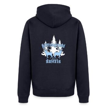Hüttengaudi Austria - Unisex Premium Bio Zip Hoodie - Navy - Hinten - Nico (187cm)