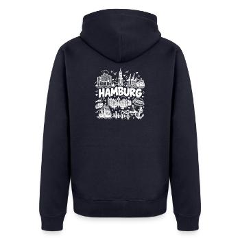 Hamburg Skyline - Sonnenuntergang - Alster - Elbe - Unisex Premium Bio Zip Hoodie - Navy - Hinten - Nico (187cm)