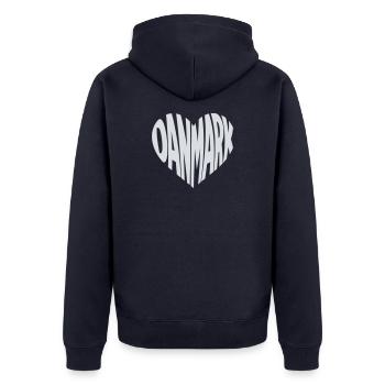 Danemark - Motif typographique du cœur du Danmark - Veste à capuche bio Premium Unisexe - bleu marine - Dos - Nico (187cm)