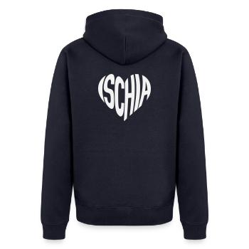 Ischia Herzform Typo - Unisex Premium Bio Zip Hoodie - Navy - Hinten - Nico (187cm)