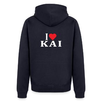 nom du t-shirt J’adore l’idée cadeau du t-shirt Kai - Veste à capuche bio Premium Unisexe - bleu marine - Dos - Nico (187cm)