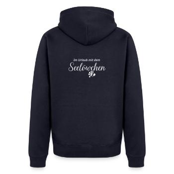 Löwchen: Im Urlaub mit dem Seelöwchen (white) - Unisex Premium Bio Zip Hoodie - Navy - Hinten - Nico (187cm)