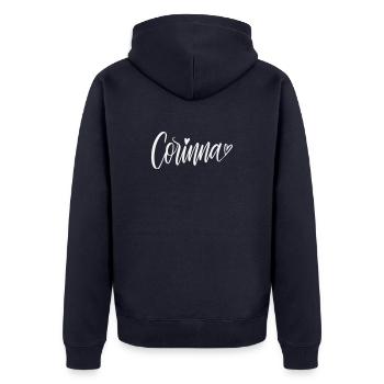 Corinna Écriture manuscrite avec cœur - Veste à capuche bio Premium Unisexe - bleu marine - Dos - Nico (187cm)