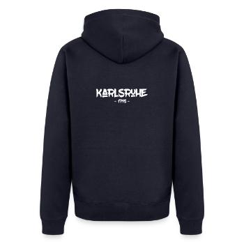 Karlsruhe - 1715 - Baden-Württemberg - Durlach - Unisex Premium Bio Zip Hoodie - Navy - Hinten - Nico (187cm)