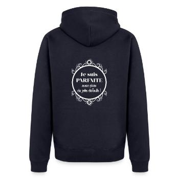 Je suis parfaite en blanc - Veste à capuche bio Premium Unisexe - bleu marine - Dos - Nico (187cm)