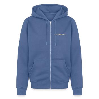 Dog Lover Club – Brustprint College Schrift - Unisex Premium Bio Zip Hoodie - Taubenblau - Vorne - Nico (187cm) & Julia (174cm)
