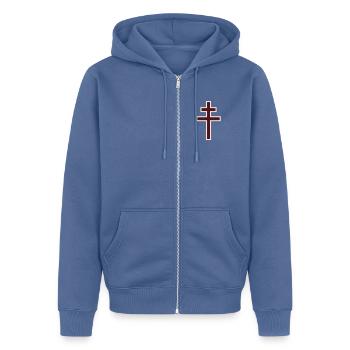 Traditionelles Lothringenkreuz – Randausgabe - Unisex Premium Bio Zip Hoodie - Taubenblau - Vorne - Nico (187cm) & Julia (174cm)