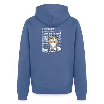 Ich bin Shetland - Blue Merle Tricolor EN - Unisex Premium Bio Zip Hoodie - Taubenblau - Hinten - Nico (187cm)