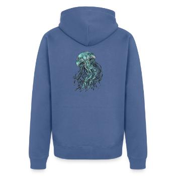 Kassettenband Qualle - Unisex Premium Bio Zip Hoodie - Taubenblau - Hinten - Nico (187cm)