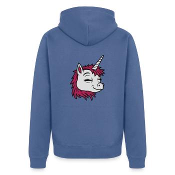 Tête joyeuse licorne comique - Veste à capuche bio Premium Unisexe - bleu pigeon - Dos - Nico (187cm)