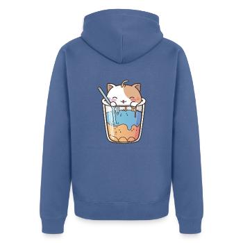 Kawaii Cute Happy Colorful Cat Drinking Bubble Tea - Unisex Premium Organic Zip Hoodie - stone blue - Back - Nico (187cm)