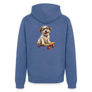 Hund auf Skateboard, blaue Brille - Unisex Premium Bio Zip Hoodie - Taubenblau - Hinten - Nico (187cm)