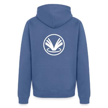 logo EVTV rond BLANC - Veste à capuche bio Premium Unisexe - bleu pigeon - Dos - Nico (187cm)
