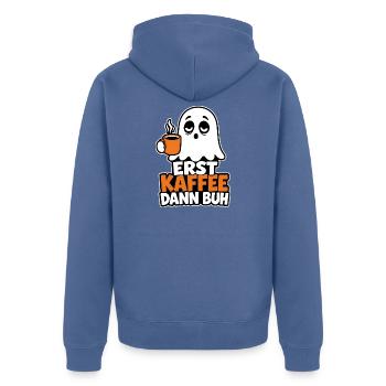 Süßes Geist Design – Erst Kaffee dann Buh Design - Unisex Premium Bio Zip Hoodie - Taubenblau - Hinten - Nico (187cm)